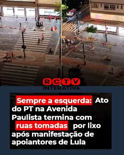 A Avenida Paulista, em São Paulo, ficou com papel, copos, garrafas e bandeiras espalhados pelo asfalto depois do último ato de campanha de Lula (PT) neste sábado (24)
