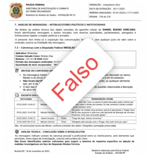 É falso documento em que PF diz não ver crime em mensagens de Nikolas e Vorcaro