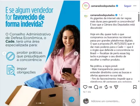 Post de perfil da Câmara defende PL do governo que dá mais poder ao Cade para fiscalizar big techs
