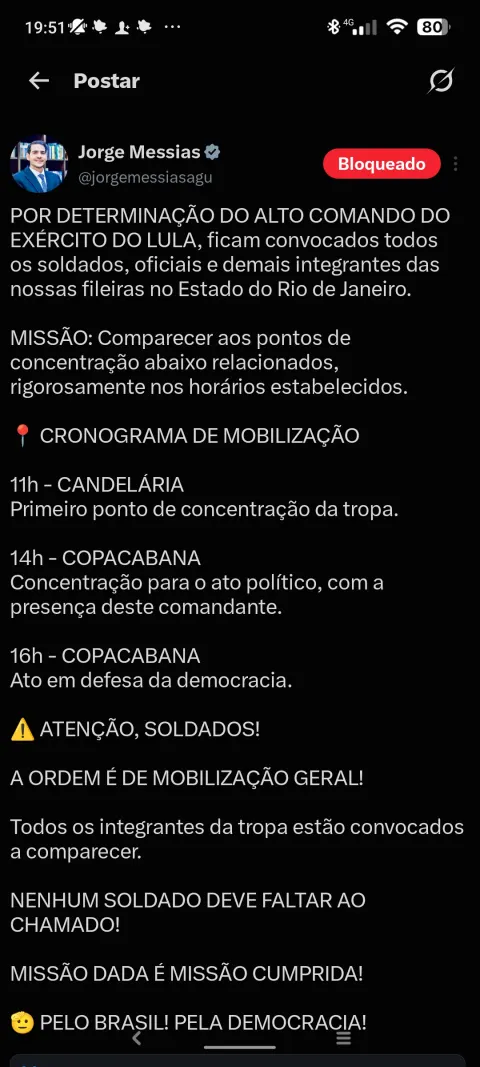 Jorge Messias (AGU) convocando passeata pró-Lula