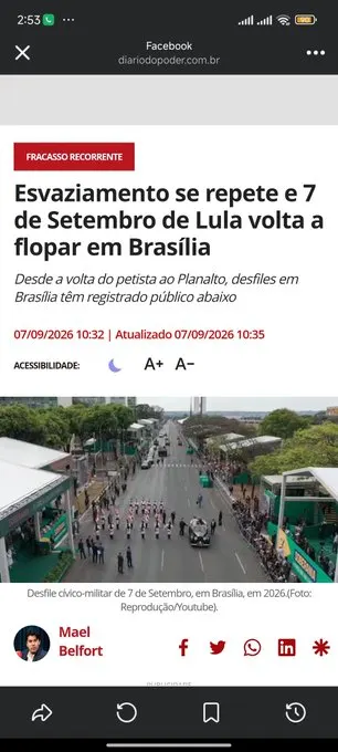 Desfile de 7 de Setembro em Brasília completamente esvaziado. Mas juram que Lula está na frente nas pesquisas.